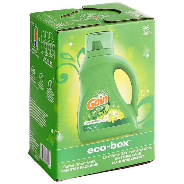 A green eco-box of Gain Original Liquid Laundry Detergent with a bottle inside.