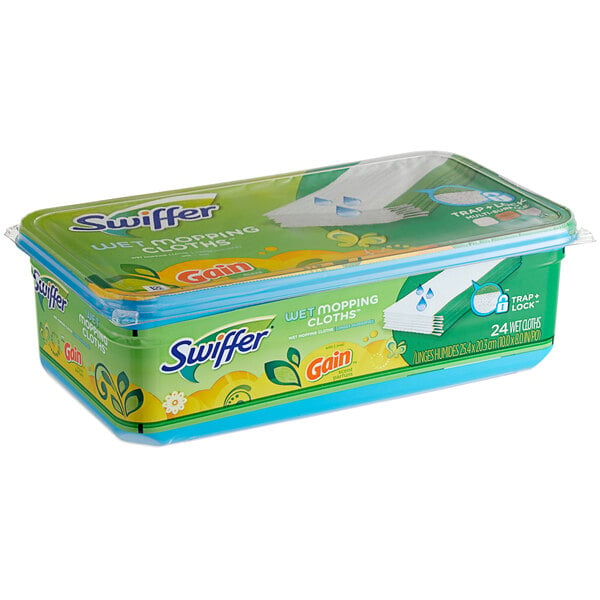 A box of Swiffer Sweeper wet mopping cloths with Original Gain scent.