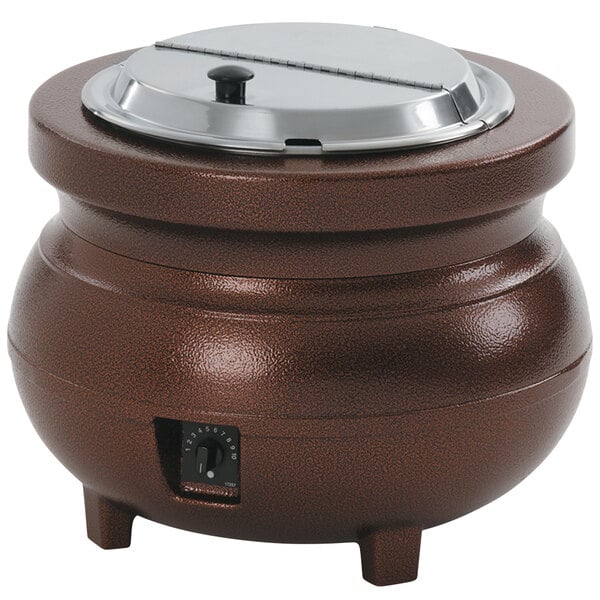 A brown Vollrath Colonial kettle with a silver lid.
