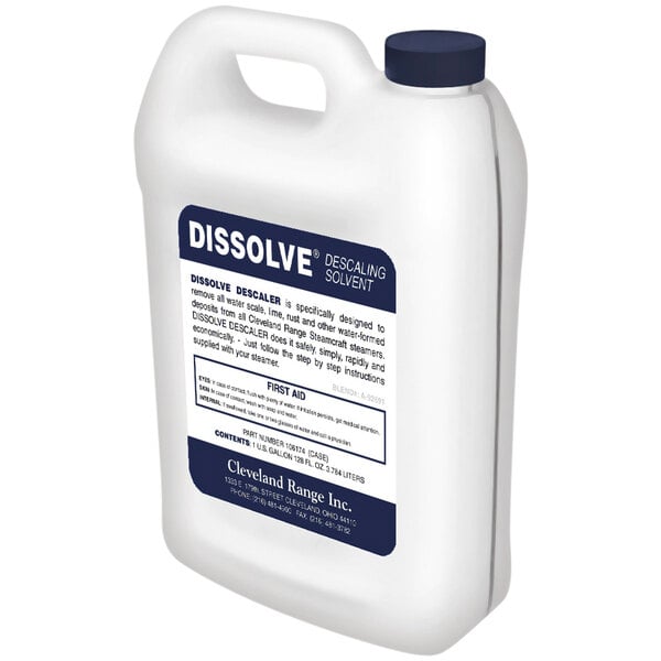 A white jug of Cleveland Dissolve Boiler Delimer with a blue label.