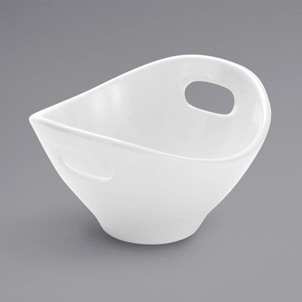 A white American Metalcraft melamine bowl with handles.