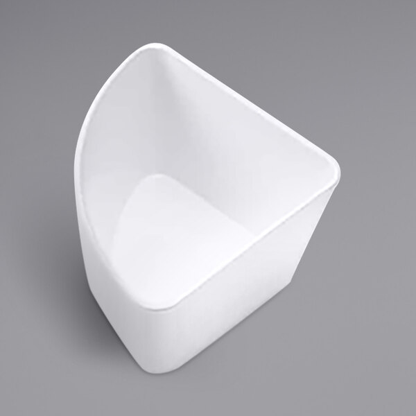 An American Metalcraft white plastic quarter round serving bowl with a curved corner.