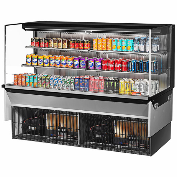 A Turbo Air black drop-in refrigerated display case with drinks on shelves.
