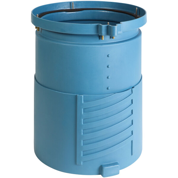 A blue plastic container with a yellow lid.