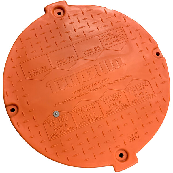 An orange round Thermaco Trapzilla plastic cover with text.