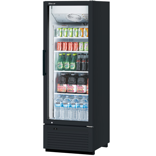 A black Turbo Air merchandising refrigerator full of soda and water bottles.