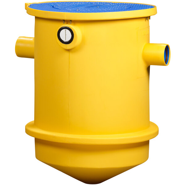 A yellow Thermaco Trapzilla solids separator with blue accents.