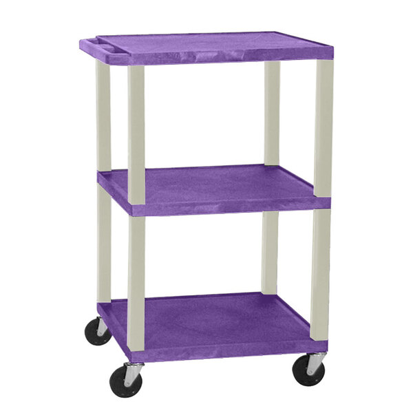 A purple Luxor Tuffy A/V cart with three shelves.