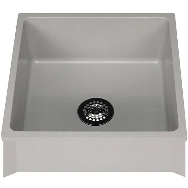 A Zurn gray composite mop sink with a drain in the center.