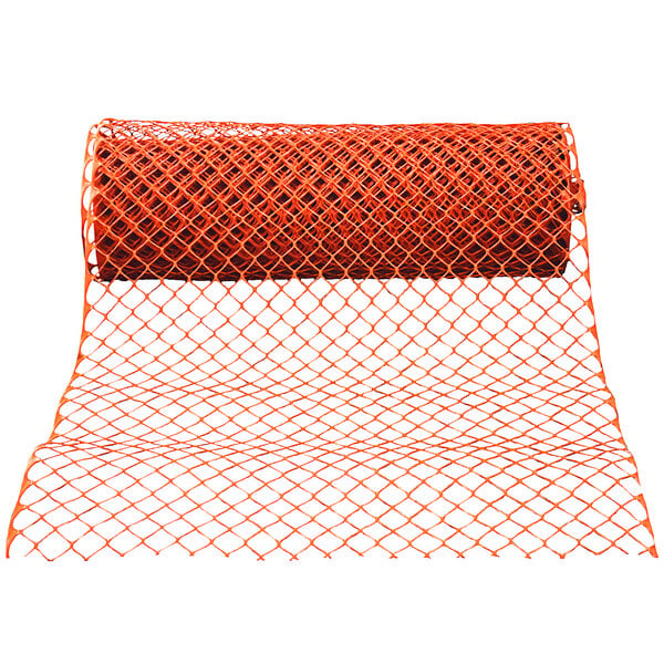 A roll of orange Cortina heavy-duty safety fencing with a diamond pattern.