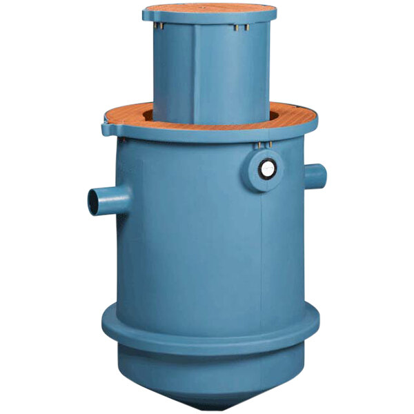 A blue cylinder with a round top and a brown lid.