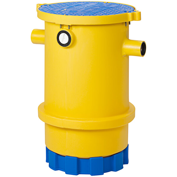 A yellow and blue cylinder with a black top, white circle, and support stand.