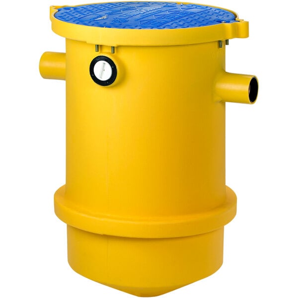 A yellow container with a blue lid.