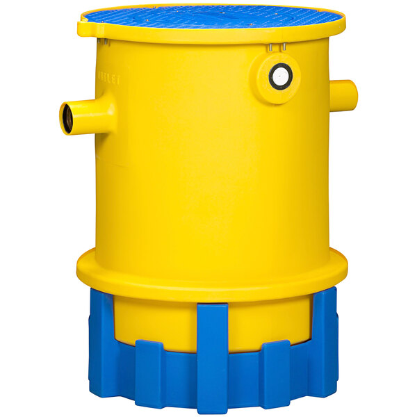 A yellow and blue cylinder with a stand and inlets/outlets.