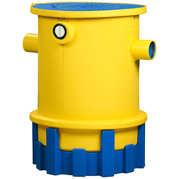A yellow and blue Thermaco Trapzilla solids separator with support stand.