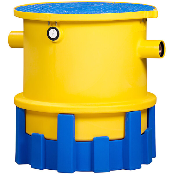 A yellow and blue Thermaco Trapzilla solids separator with support stand.