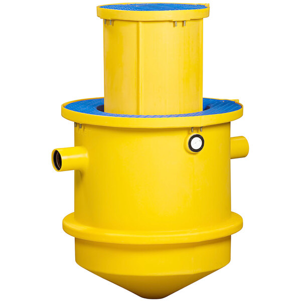 A yellow cylinder with blue top and cover.