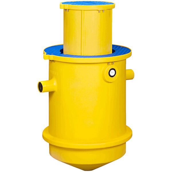 A yellow cylinder with blue top and handles.