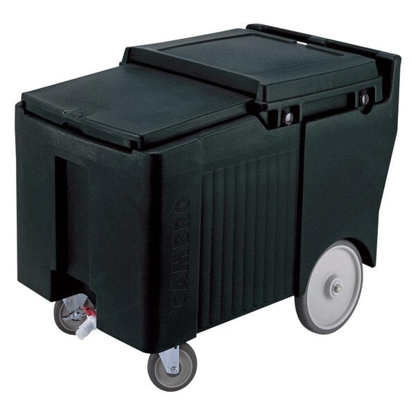 A black Cambro mobile ice bin with sliding lid and wheels.