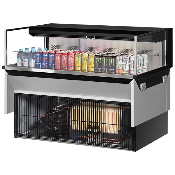 A black Turbo Air drop-in refrigerated display case with drinks in it.