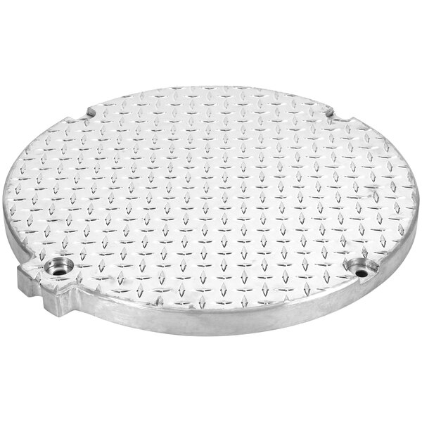 An aluminum round metal plate with holes.