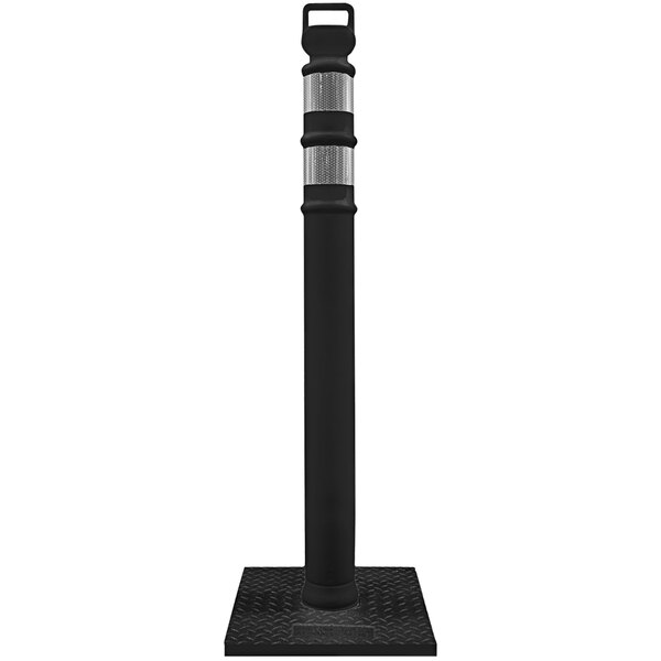 A black flared post with a black metal base and reflective bands.