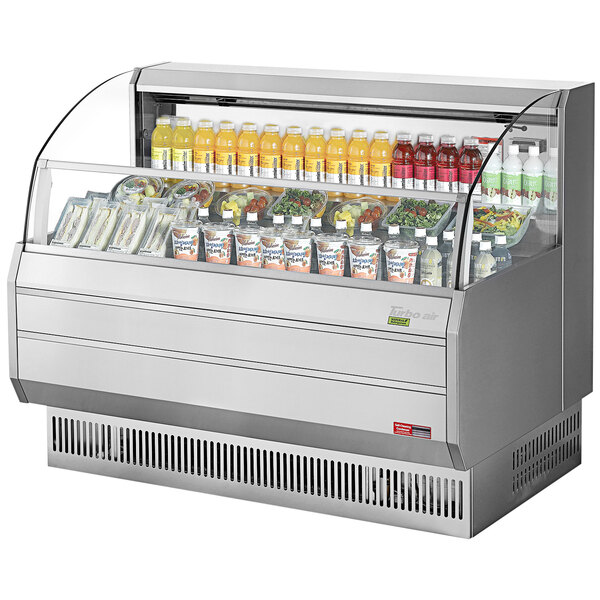 A Turbo Air stainless steel refrigerated display case with drinks inside.