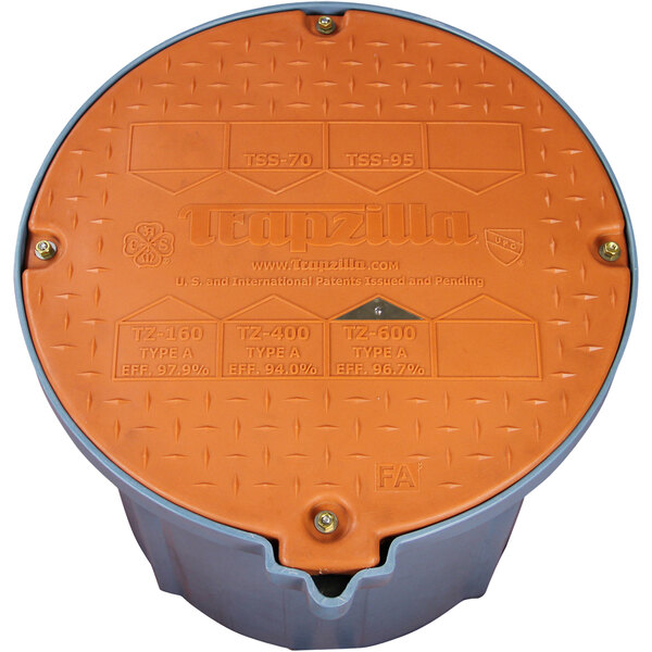 An orange and grey round plastic lid for a round orange plastic container.