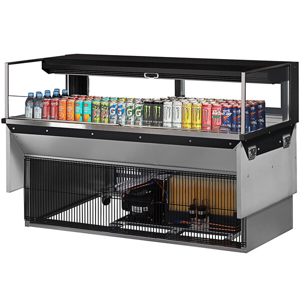 A black Turbo Air drop-in refrigerated display case with drinks and cans.