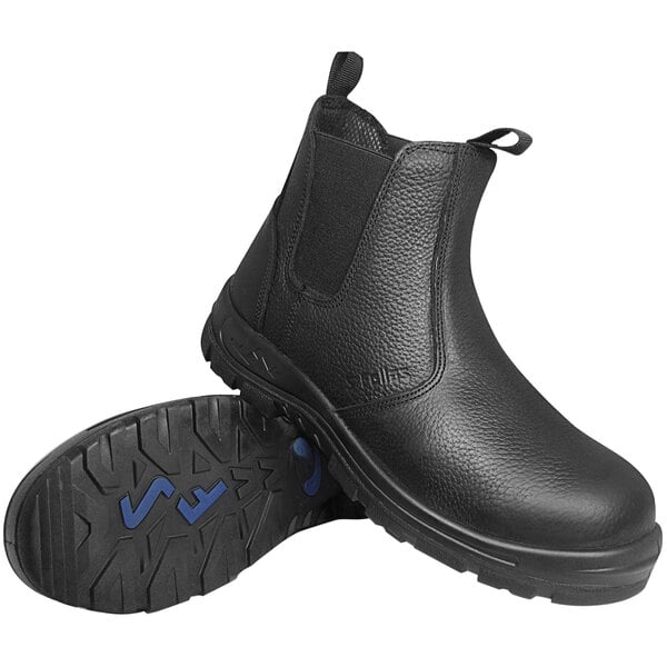 A pair of black Genuine Grip Hercules safety boots with blue soles.