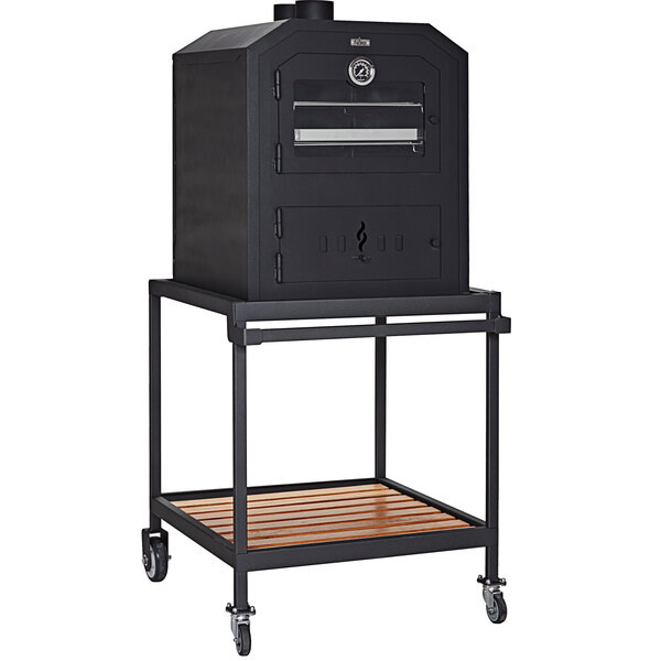 A black rectangular Nuke outdoor countertop oven on a stand.