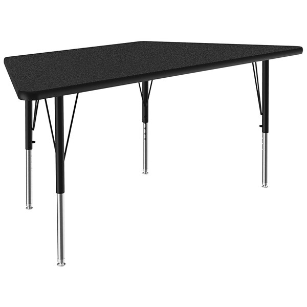 A black trapezoid table with black and silver metal legs and a black thermal-fused laminate top.