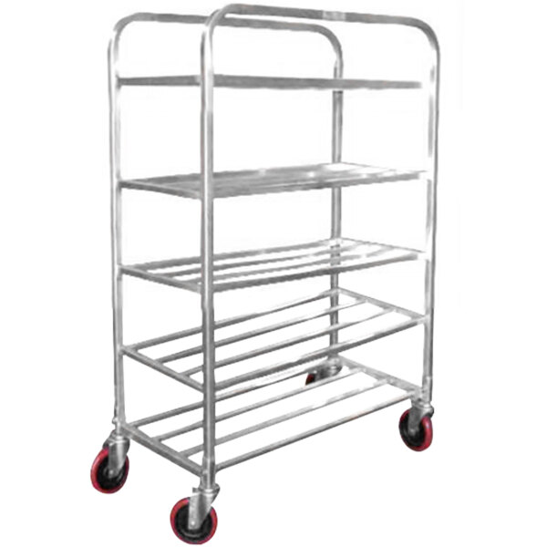 A silver metal Winholt universal cart with four shelves and wheels.