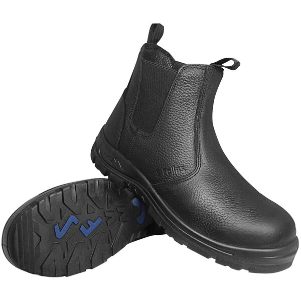A pair of Genuine Grip black leather safety boots with blue soles.