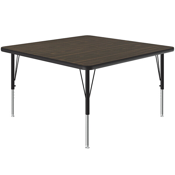A square table with metal legs and a walnut top.
