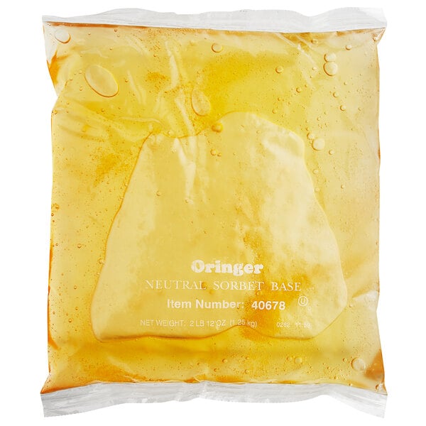 A white plastic bag of Oringer Neutral Sorbet Base liquid.