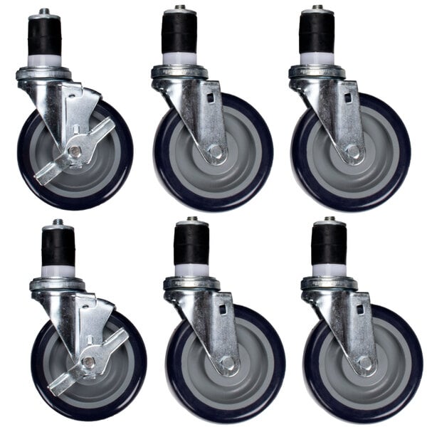 A set of six Regency casters with rubber wheels.