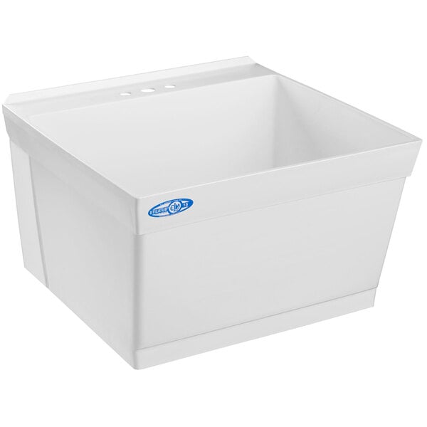 A white rectangular E.L. Mustee laundry tub with a blue label.