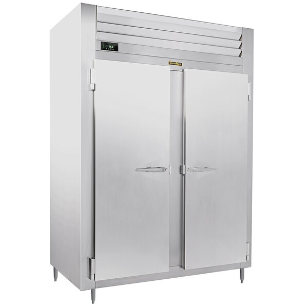 A stainless steel Traulsen reach-in freezer with two solid doors with silver handles.