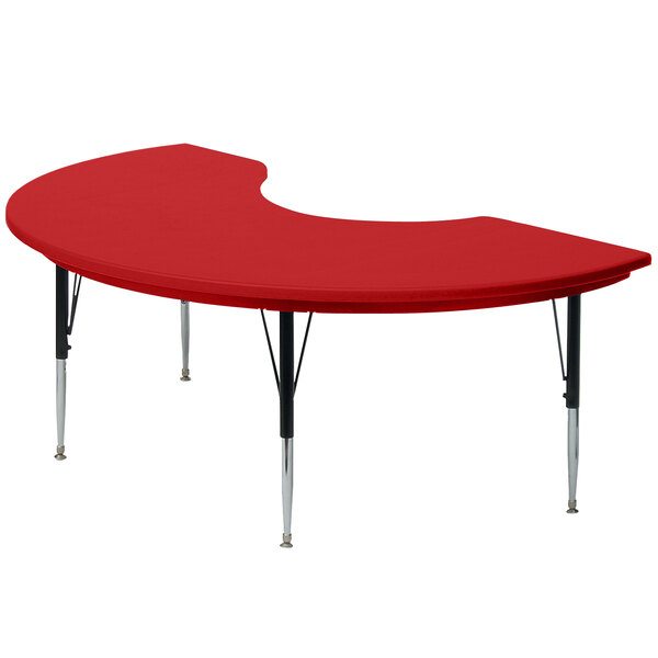 A red plastic Correll kidney table with metal legs.