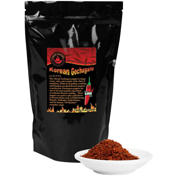 A black bag of Fiery Farms Red Korean Gochugaru Pepper Flakes with a white label on it.