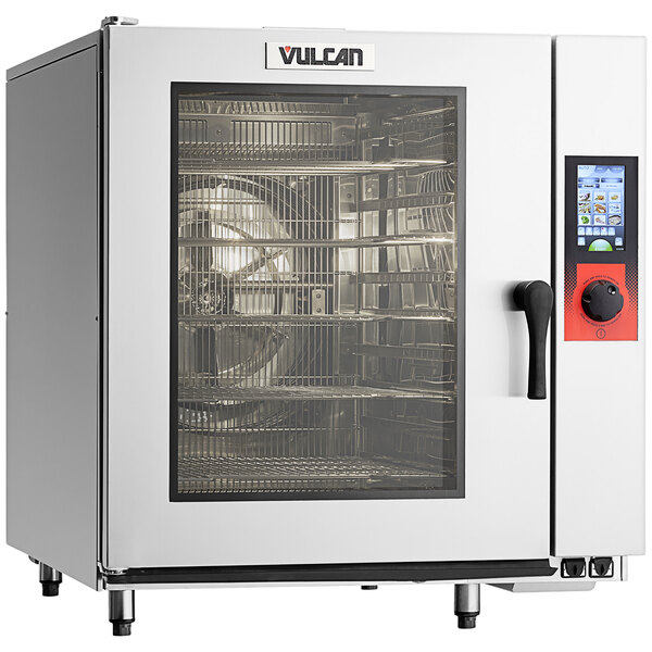 A Vulcan 10 pan full size boilerless electric combi oven with a glass door.