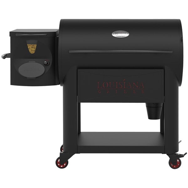 A black Louisiana Grills barbecue grill with red lettering and wheels.