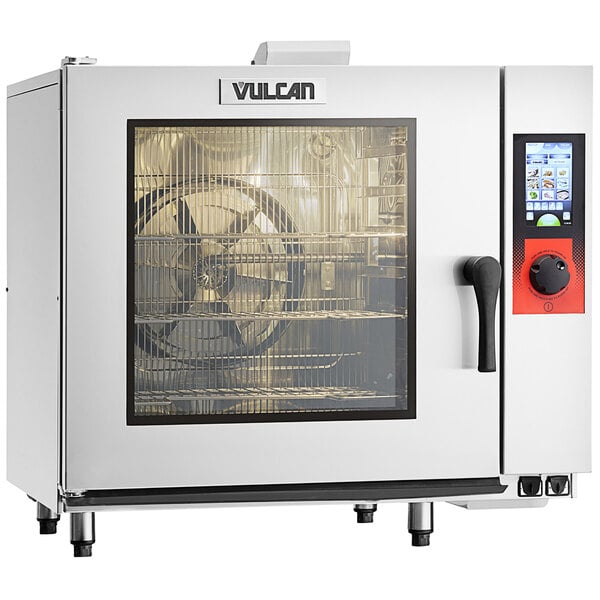 A large white Vulcan combi oven with a glass door.