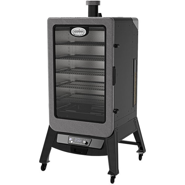 A large black and grey Louisiana Grills 7 Series vertical pellet smoker with the door open.