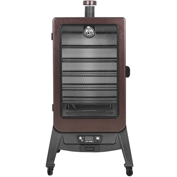 A large brown and black Pit Boss Copperhead 7 Series Vertical Pellet Smoker with wheels and a door open.