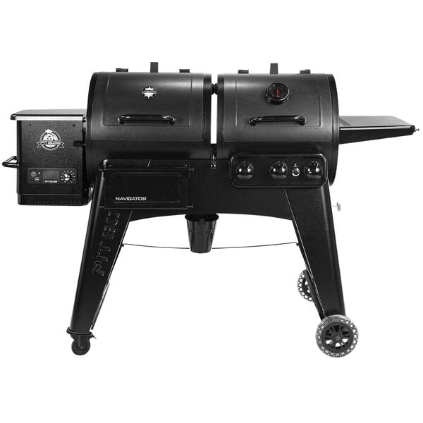 A black Pit Boss barbecue grill with wheels.