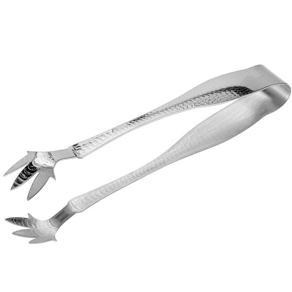 A pair of American Metalcraft stainless steel ice tongs with a curved, hammered design on the handle.