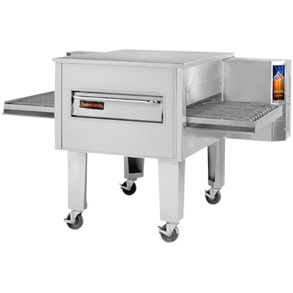 A large stainless steel Sierra Range conveyor pizza oven with wheels.
