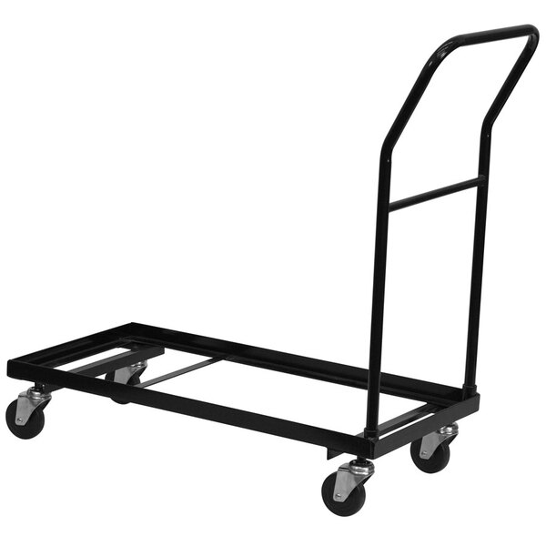 A black metal folding chair dolly with wheels.